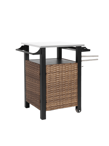 ABRIHOME Bartisch in Braun mit Korb Tür und Edelstahlplatte 3 Rädern