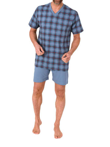 NORMANN Kurzarm Schlafanzug Shorty Jersey und karierten Pyjama Oberteil in blau