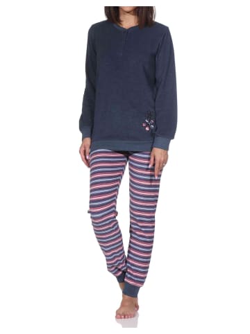 NORMANN Frottee Schlafanzug langarm Bündchen Streifenoptik in blau-mel.