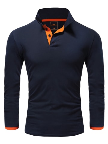 Amaci&Sons Langarm Kontrast Poloshirt CHARLOTTE in Navyblau/Orange