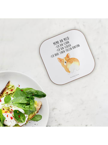 Mr. & Mrs. Panda Quadratischer Untersetzer Corgi Po mit Spruch in Weiß