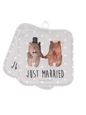 Mr. & Mrs. Panda 2er Set Topflappen  Bär Heirat mit Spruch in Grau Pastell