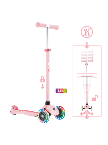 GLOBBER Scooter PRIMO PLUS LIGHTS Roller in pastellrosa, mit Leuchtrollen