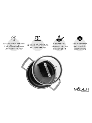Mäser Kochtopf 20x9,5 cm mit Glasdeckel, Edelstahl Hestia Keramik in Silber / Schwarz