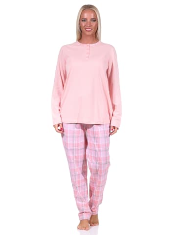 NORMANN Pyjama langarm Schlafanzug Karohose und Knopfleiste am Hals - 69254 in rosa