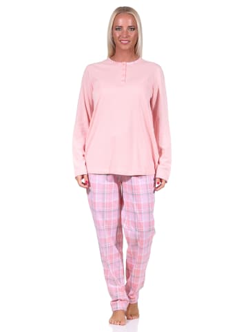 NORMANN Pyjama langarm Schlafanzug Karohose und Knopfleiste am Hals in rosa