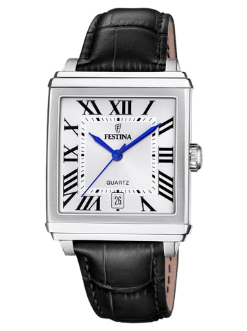 Festina Herren-Armbanduhr Rechteckig mit Lederband Silber / Schwarz