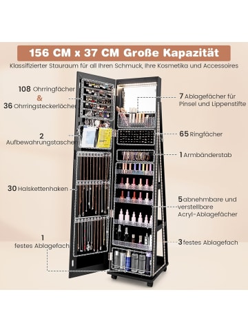COSTWAY Schmuckschrank LED mit Rollen in Schwarz