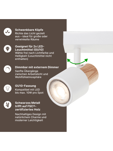 Brilliant Pini LED-Spotbalken – 2-flammig, Weiß/Holz hell, dimmbar, schwenkbar