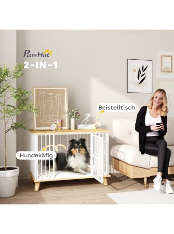Pawhut Hundekäfig Weiß+Eiche 86B x 60T x 70H cm