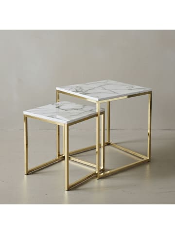 KADIMA DESIGN Beistelltisch 2er-Set | Marmor-Optik, Weiß/Gold, Modern in Weiß