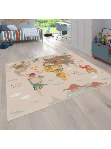 KADIMA DESIGN Kinderteppich waschmaschinenwaschbar Dinosaurier‑Weltkarten Kinder in Beige
