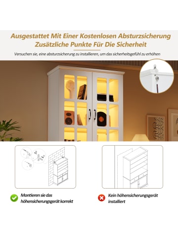 ABRIHOME Hochschrank in Weiß 80x38x180 cm mit 2 Glastüren 2 Holztüren 5 Etagen