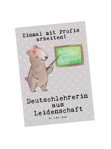 Mr. & Mrs. Panda Postkarte Deutschlehrerin Leidenschaft mit Spruch in Grau Pastell