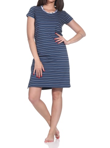 NORMANN Kurzarm Nachthemd Streifenoptik Spitzenbesatz Übergrößen in marine