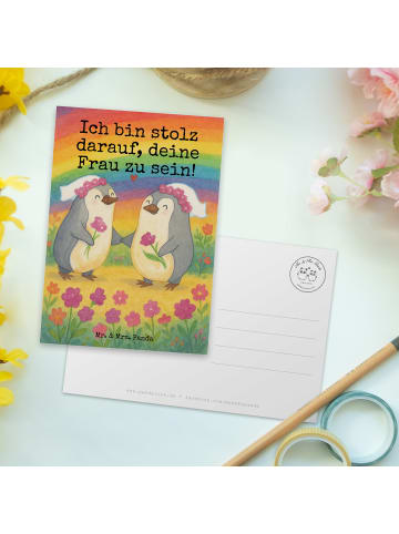 Mr. & Mrs. Panda Postkarte Pinguine Lesbian Pride Design mit Spruch in Weiß