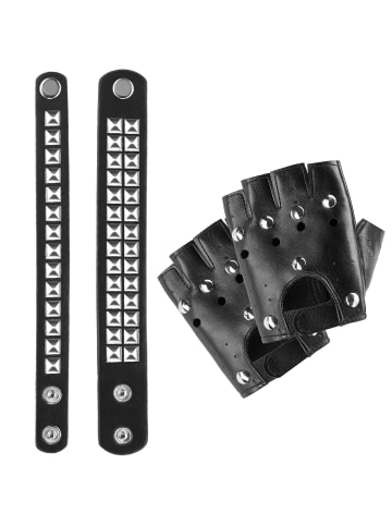 tectake Accessoires-Set  Leder Handschuhe und zwei Armbänder Stylischer Rockstar-Look: H