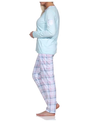 NORMANN Schlafanzug langarm Pyjama karierter Hose Jersey - 78566 in hellblau