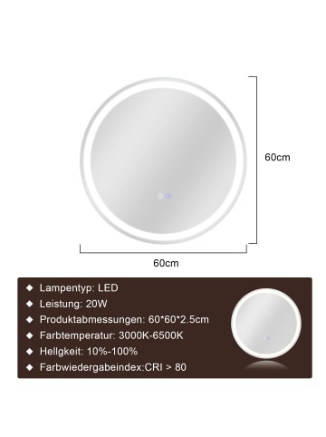 ZMH Badspiegel mit Beleuchtung in nickel rund Ø60cm Dimmbar mit Touch-Schalter