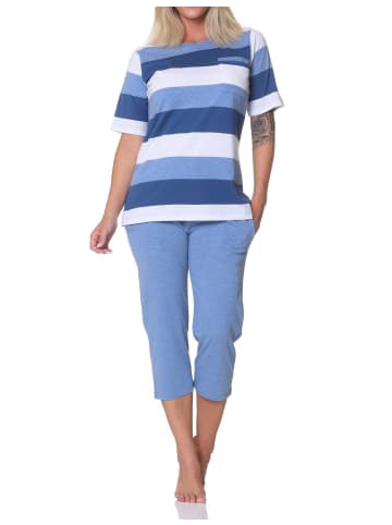 NORMANN Capri Schlafanzug kurzarm Blockstreifen in blau-mel.