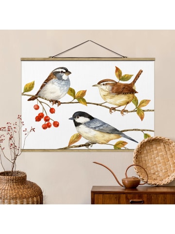 WALLART Stoffbild mit Posterleisten - Vögel und Beeren - Meisen in Weiß