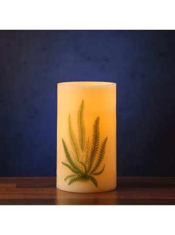 MARELIDA XXL LED Kerze mit Farndruck Echtwachs flackernd in creme - H: 20cm