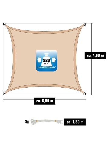 AMANKA 4x6 Sonnensegel Beige mit Befestigung in Beige