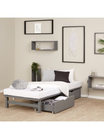 Homestyle4u Palettenbett 90x200 mit Lattenrost und Bettkästen in Grau
