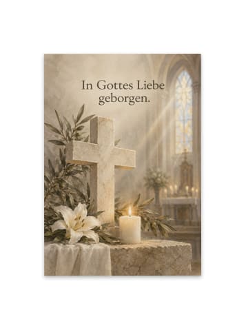 Beileidskarte Kreuz würdevoll Design mit Spruch in Weiß