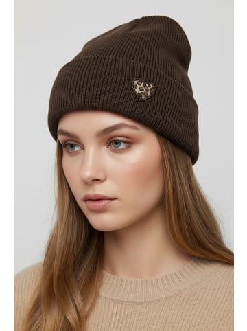 Faera Strickmütze mit Umschlag gerippt warm Herz Patch in Dunkelbraun