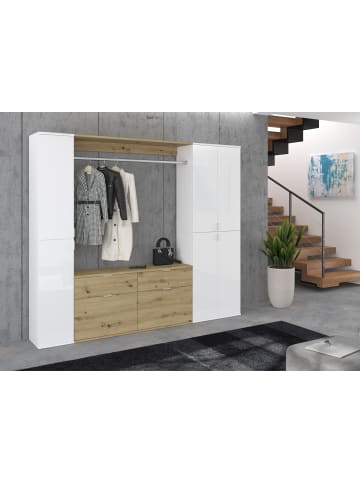 Inn.Furn Garderoben-Set weiß Hochglanz, Eiche 212 cm, Komplettset mit viel Stauraum
