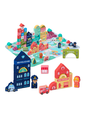relaxdays 100 x Holzbausteine "Stadt" mit Puzzlematte in Bunt
