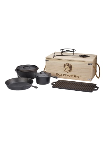 Echtwerk 7 tlg. Set Gusseiserner Dutch Oven inkl. Holzkiste in Schwarz