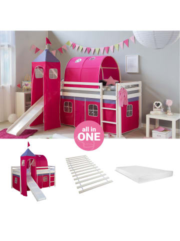 Homestyle4u Hochbett 90x200 mit Vorhang, Lattenrost, Matratze, Rutsche, Tunnel, Turm Weiß