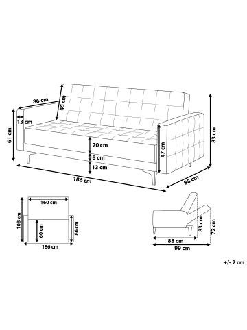 Beliani Schlafsofa ABERDEEN in Weiß/Schwarz - (W) 186 x (H) 83 x (L) 88 cm