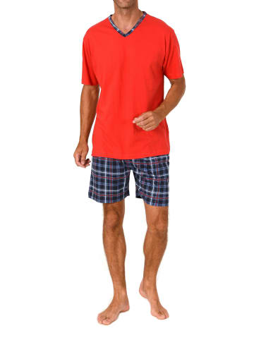 NORMANN Schlafanzug kurzarm Shorty mit karierter Jersey Hose in rot