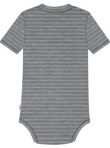Normani Outdoor Sports Baby Kurzarm Body aus 100 % Bio-Merinowolle mit Druckknopf in Grau gestreift