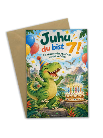 Geburtstagskarte 7. Geburtstag Dinosaurier fröh... in Weiß