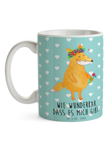 Mr. & Mrs. Panda Tasse Fuchs Blumen mit Spruch in Türkis Pastell