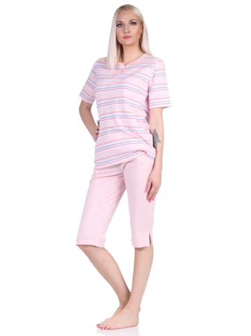 NORMANN Schlafanzug kurzarm Pyjama Caprihose Streifen in rosa