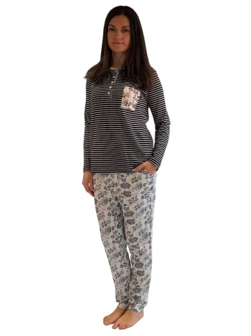 NORMANN Pyjama lang Oberteil gestreift Hose Blümchenmuster - 44354 in marine