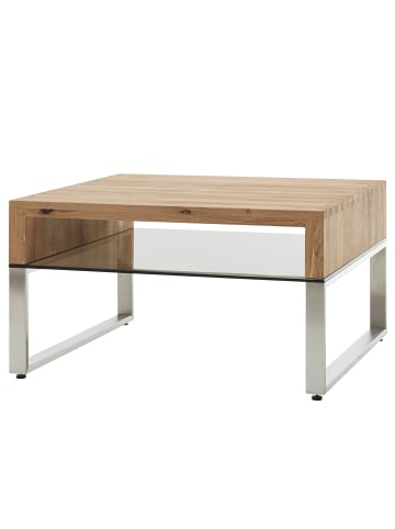 home24 home24 Couchtisch aus Glas, Metall und Massivholz in Eiche / Silber - 116 x 44 x 87 cm in Braun