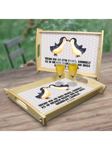 Mr. & Mrs. Panda Servierbrett Pinguine Kuss mit Spruch in Grau Pastell