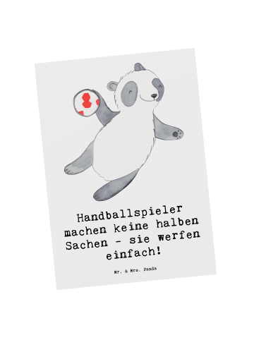 Mr. & Mrs. Panda Postkarte Handball Wurf mit Spruch in Weiß