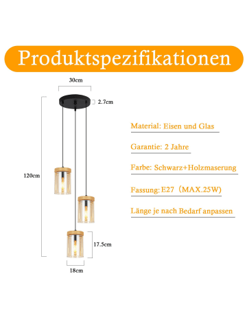 ZMH Pendelleuchte in schwarz 3-flammige E27 vintage rund Glas und Holz