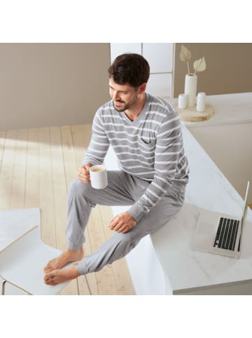 Erwin Müller Single-Jersey Schlafanzug in grau meliert/weiß