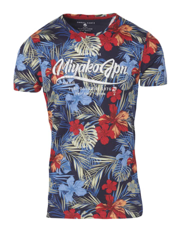 KOROSHI Kurzarm-T-Shirt mit tropischem Print in blau
