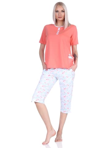 NORMANN r Capri kurzarm Schlafanzug Pyjama Flamingo und Knopfleiste am Hals in apricot