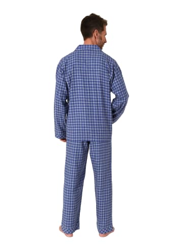 NORMANN Flanell Pyjama Schlafanzug zum durchknöpfen - 70111 in blau