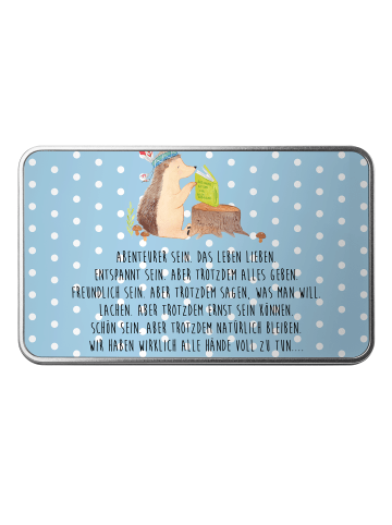 Mr. & Mrs. Panda Metalldose rechteckig Igel Federschmuck mit Spruch in Blau Pastell